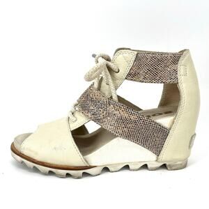 Sorel white/cream leather Joanie III lace wedge open toe sandals (7.5) snakeskin